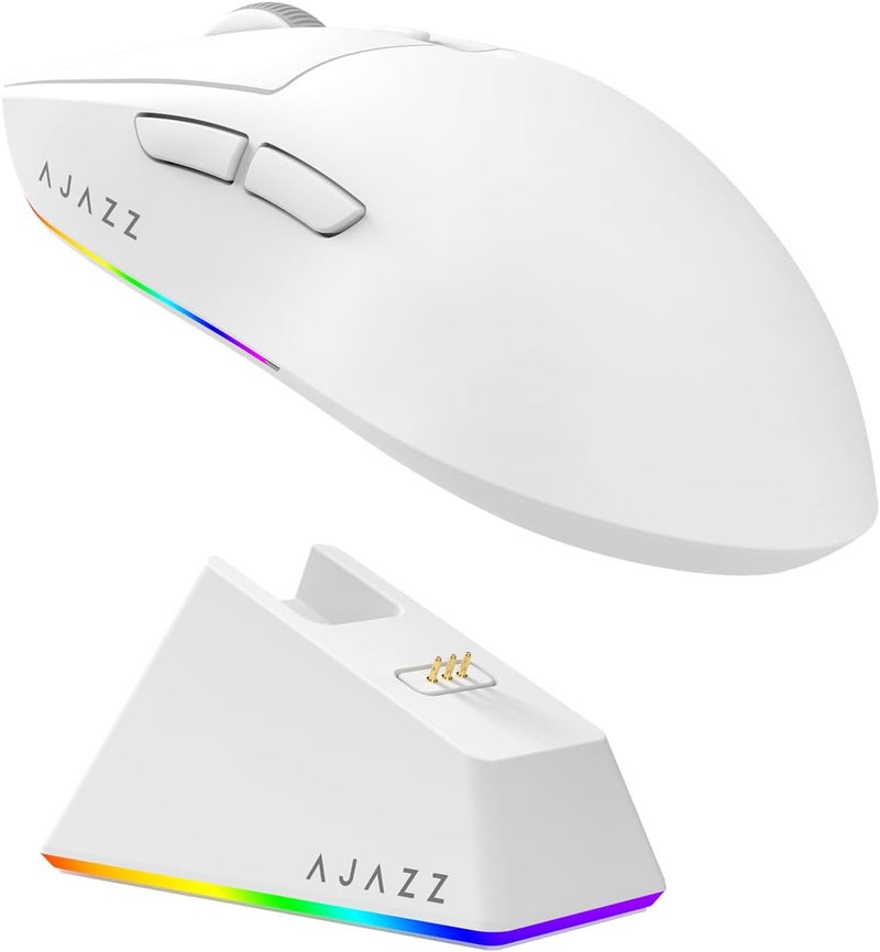 MechLands AJAZZ AJ139 V2 MC Gaming Mouse with Charging Base, Adjustable 12,000 DPI, PAW3311 Sensor, 3 Modes Wireless Mouse, 500mAh Battery, 1000 Polling Rate, 66g Lightweight, Win/Mac (White) - Image 1